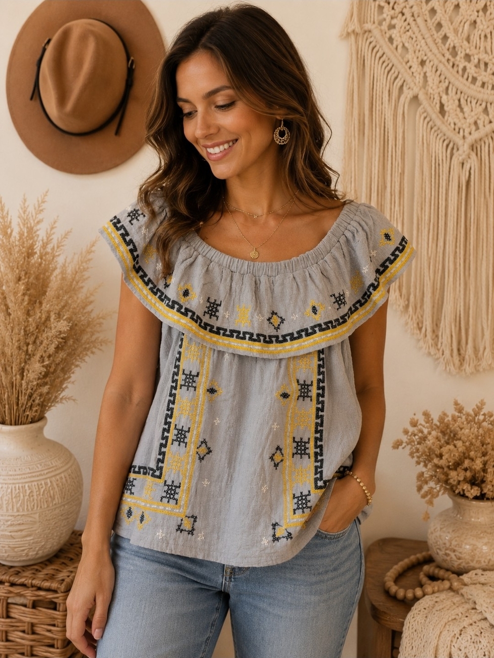 Easel Embroidered Off-Shoulder Boho Top Gray Yellow Accents Size L